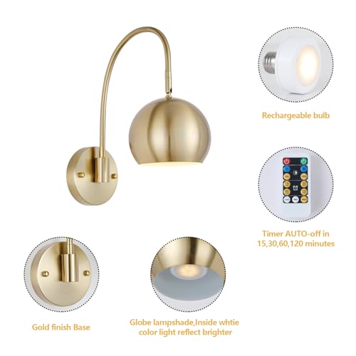 Image of MWZ Gold Battery Operated Wall Sconces Set of 2,Rechargeable Sconces Wall Lights Wireless Swing Arm Modern Light Fixture with Remote,3 Color Dimmable Adjustable Angle Indoor Wall Lamp for Bedroom