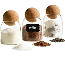 ComSaf 3 Pack 16oz Clear Decorative Glass Jars with Cork Ball Lid - Coffee Bar Kitchen Counter Bathroom Storage, Dishwasher Safe, Glass Canisters for Coffee Sugar Candy Storage - Home Decor & Gifting