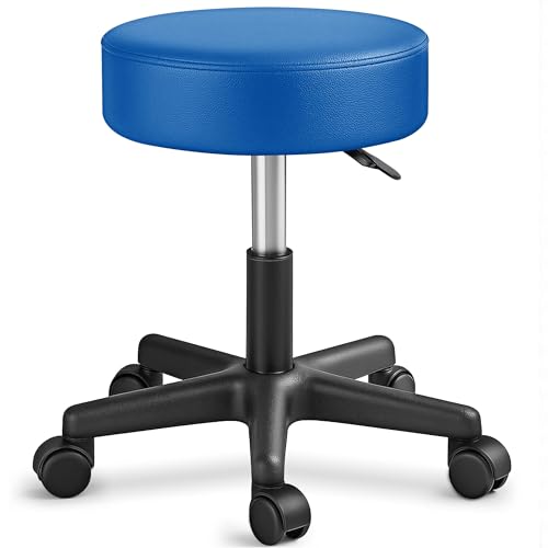 TRESKO Rollhocker höhenverstellbar Blau bis 150 kg | Hocker Drehhocker 10 cm Dicke Polsterung 47-60 cm Sitzhöhe | Arbeitshocker Bürohocker 360° drehbar mit Rollen
