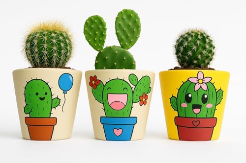 Kit com 3 Vasos de Barro Pintados à Mão – Desenhos Criativos de Cactos | Perfeitos para Jardim, Varanda e Decoração de Ambientes | Sem Plantas