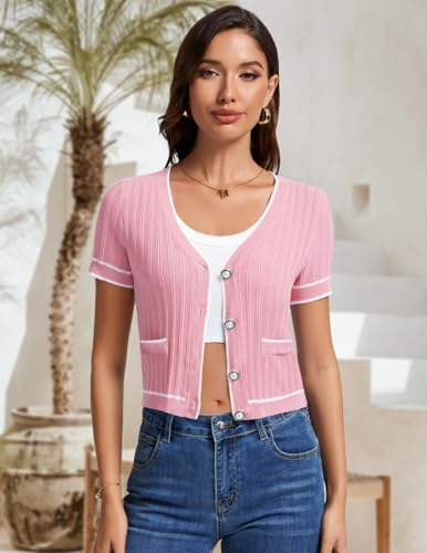 Image of DRESSTELLS Women Cardigan Sweater Summer 2025, V Neck Lightweight Button Down Shirt, Ribbed Cropped Casual Top