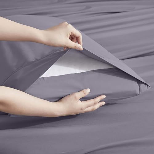 Image of Nestl Extra Deep Cal King Sheet Set - 6 Piece Breathable & Cooling Sheets - Hotel Luxury Bedding Set w /18-24 Inch Deep Pockets - Easy & Secure Fit - Super Soft, Wrinkle Free & Comfy - Grayish Purple