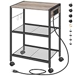 HOOBRO Industrial Printer Stand, 3-Tier Mobile Printer Table, Rolling Cart with Power Outlets and USB Ports, Home Printer Stand with 2 Hooks, for Office, Living Room, Greige and Black BG22UPS01