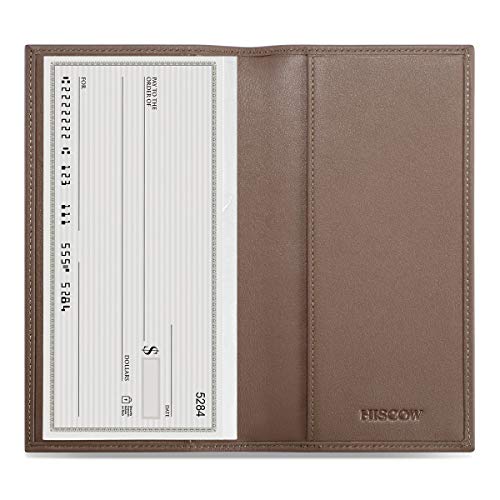 Image of HISCOW Slim Leather Checkbook Cover for Personal Checks, Premium Elephant Gray, One Size | Full grain cowhide, transaction register & check book pockets, removable duplicate divider, durable stitching, gifts for men
