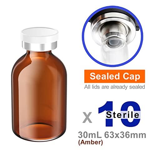 Sterile Empty Vials with Self Healing Injection Port and Aluminum Plastic Cap,Sterile Package (30ml Amber 10PCS)