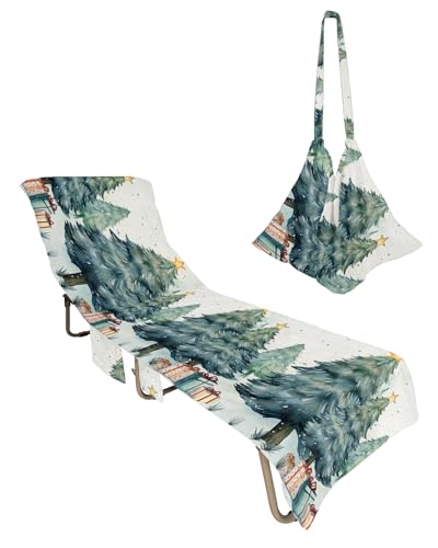 Christmas Tree Beach Lounge Chair Towel Cover, Soft Chaise Lounge Towel with Side Pockets Patio Pool Chairs Cover for Beach/Pool Sunbathing 29x85 Green Xmas Tree Christmas Gifts