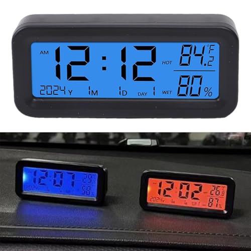 Car Digital Thermometer Clock, Solar for Mini Digital Clock for Car Dashboard Display, Date, Temperature (Blue Red)