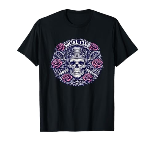 Edgy Skull Thimble Crown Roses Tattoo Art T-Shirt