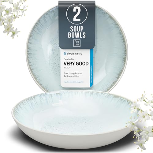 Image of Stoneware pasta bowls set 2 pcs – 7.7" light beige & blue ceramic plates & salad bowls – Dishwasher and microwave safe – Large soup bowls stylish set – Dinner service Pure Living