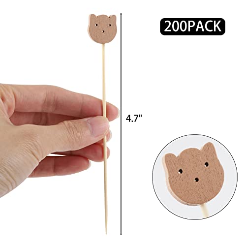 200 Pcs Bamboo Cocktail Picks 4.7 Inch Bear Face Cocktail Sticks Food Picks Garnish Sticks Decorative Toothpicks for Appetizers, Fruits, Dessert, Baby Shower, Birthday Wedding, Party Supplies