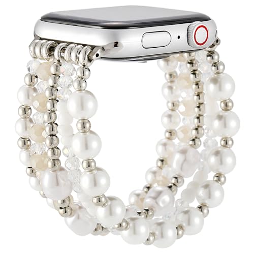Greaciary Pearl Bracelet Compatible with 40mm Apple Watch band 38mm Series 6 5 Women,Fashion Handmade Elastic Stretch Cute Beaded Strap Replacement (Pearl Silver, 42mm/44mm Medium)