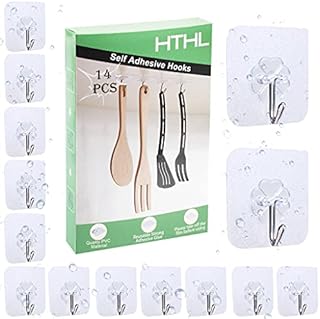 HTHL 14 Pcs Self Adhesive Hooks, Reusable Waterproof Heavy Duty Wall Hooks 22lbs/10kg (Max) Strong Seamless Transparent Sticky Hooks for Home Bathroom Kitchen Living Room