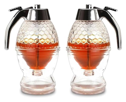 BINWAN Dispensador De Miel De Jarabe,Dispensador De Miel,Dispensador De Jarabe, Dispensador De Miel Vidrio Sin Goteo con Soporte, con Dispensador De Vertedor De Miel De Alta Capacidad(2 Pcs)