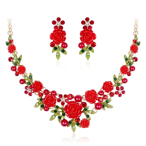 EVER FAITH Crystal Simulated Pearl Romantic Red Rose Flower Leaf Necklace Pierced Earrings Set Gold-Plated-Base