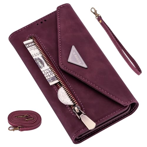 SLLMYYX Wallet Case Compatible with Samsung Galaxy A71 5G, Crossbody Phone Case with Card Holder Wrist Strap Zipper Purse Cover (Wine Red)