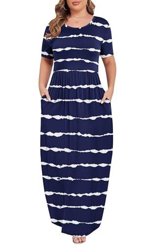 Image of KARALIN Women Plus Size Maxi Dress Short Sleeve Round Neck Loose Fit A-Line | Plus Size Long Dress,Summer Casual Maxi Dresses,Short Sleeve,Side Pockets,Round Neck,Elastic Waist,14 Plus - 26 Plus