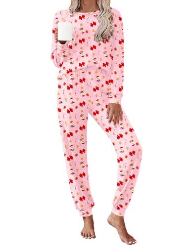 Ekouaer Pajamas Set for Women Soft Comfy Pjs Jogger Lounge Sets,Pink Santa - image 1
