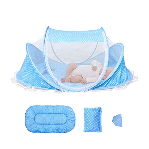 Holdfiturn Baby Mosquito Net Portable Folding Universal Infant Mosquito Net with Mattress Pillow Kids Single Bed Cot Tent Crib for Indoor Outdoor Home Travel Camping Blue