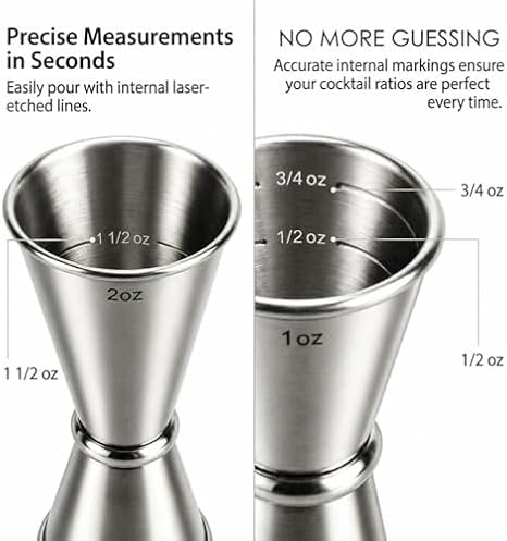 Cocktail Jigger & Strainer for Bartending, Food-Grade 304 Stainless Steel, Japanese 1oz & 2oz Double Jigger with Internal Measurement Markings