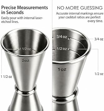 Cocktail Jigger & Strainer for Bartending, Food-Grade 304 Stainless Steel, Japanese 1oz & 2oz Double Jigger with Internal Measurement Markings