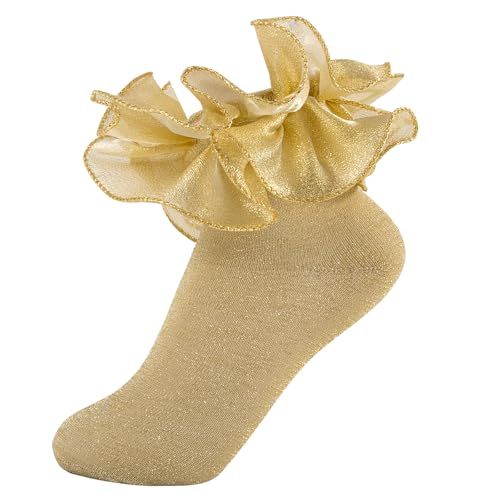 Girls Glitter Ruffle Ankle Socks Cute Kids Double Lace Sparkling Flufffy Frilly Dress Socks for Toddler Little Girl