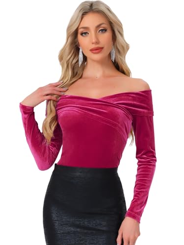 Image of Allegra K Women Velvet Off-Shoulder Long Sleeve Slim Fit Cocktail Blouse
