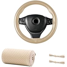Genuine Leather Steering Wheel Cover, 15 Inch Breathable DIY Sewing Wheel Protector with Needle Thread, Stitch on Wrap Wheel Cover with Anti-Slip Design Beige, Full Hole