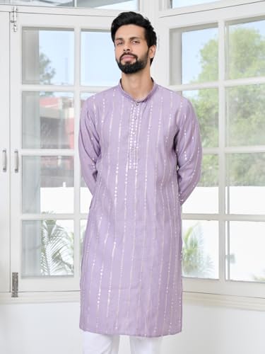 Image of See Designs Men's Full Sleeve Mandarin Collar Sequins Embroidered Straight Long Kurta - Festive Collection