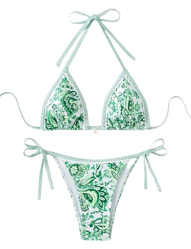 Happy Cherry 2-delat bikiniset för kvinnor sexiga band tryckt baddräkt snäckdekoration låg midja badmode, Grön, M
