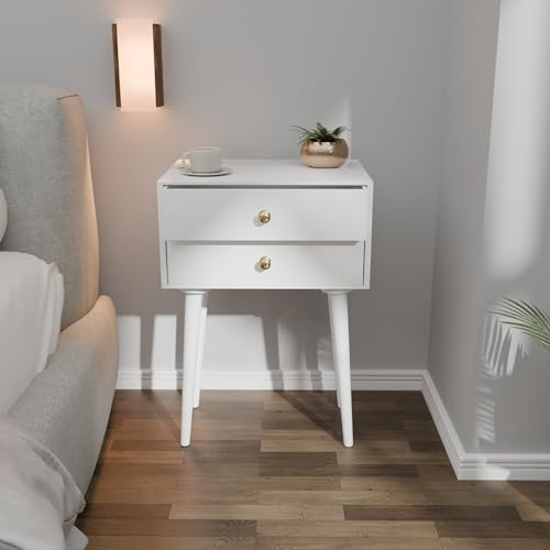 Image of ETIQUETTE ART Modern Bedside Table with Solid Wood Legs Minimalist and Practical Bedside Table End Side Table with 2 Drawer Storage for Bedroom & Living Room (White)