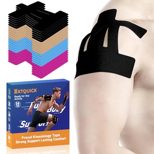 Image of Kinesiology Tape for Shoulder Precut, 24PCS Shoulder Tape for Pain Relief, KTQUICK Original Cotton Waterproof&Breathable, Enhance Elastic Sports Tape for Pain Support and Muscle(Black&Beige&Blue&Pink)