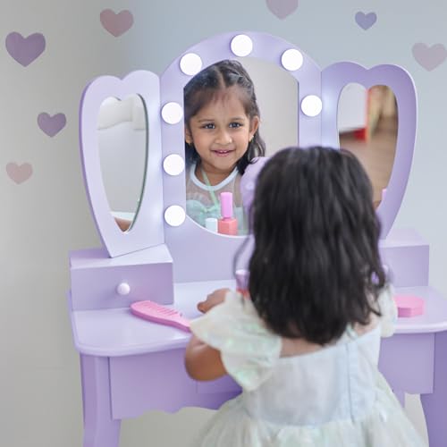 Teamson Kids Heart-Shaped Vanity in Violet with LED Lights, Triple Mirror, Stool & Storage Drawers, Encourages Creativity, Confidence & Organization