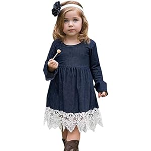 Toddler Baby Girl Clothes Long Sleeve Dress Ruffle Denim Skirt Lace Hem Princess Party Skirt Outfits Set