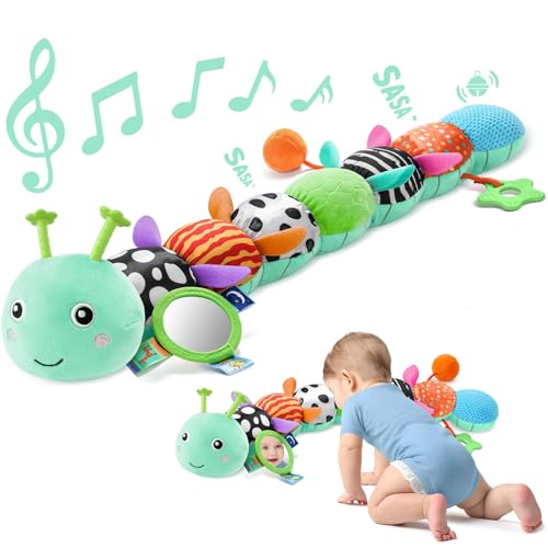 Image of Sumobaby Baby Toys 0-6 6-12 Months, Music Caterpillar Plush Toy with Baby Mirror, Pull String&Crinkle Rattle,Infant Teething Toys,Tummy Time for 0-3-6-12 Month Boys Girls Newborn Gifts (Blue-Leaf)
