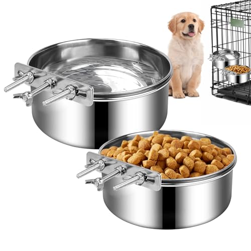 MEETOZ 2 Pcs Stainless Steel Hanging Pet Bowl, Small Pet Dog Food Water Bowl, Dog Crate Water Food Bowls No Spill for Mountable for Cat, Birds