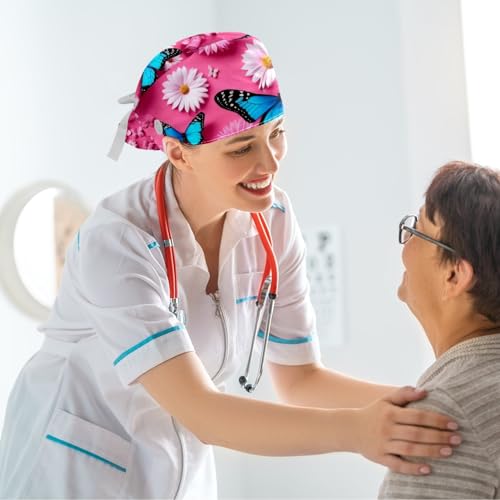 Image of Butterfly Scrub Cap Women with Ponytail & Buttons Adjustable Surgical Nurse Hat with Cotton Sweatband for Long Hair
