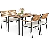 Tangkula 4 Piece Patio Dining Furniture Set, Outdoor Dining Chair Set for 4 w/Acacia Wood & Metal Frame, Umbrella Hole, 1 Table, 2 Armchairs, 1 Bench for Lawn, Garden, Backyard, Porch