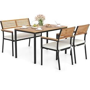 Tangkula 4 Piece Patio Dining Furniture Set, Outdoor Dining Chair Set for 4 w/Acacia Wood & Metal Frame, Umbrella Hole, 1 Table, 2 Armchairs, 1 Bench for Lawn, Garden, Backyard, Porch