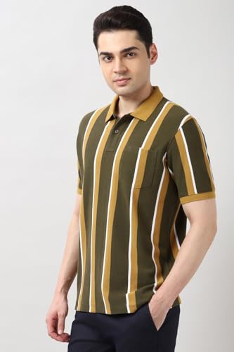 Image of Peter England Men's 100% Cotton Vertical Striped Polo T-Shirt - Casual Wear | Sleek & Comfortable