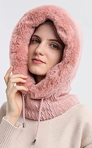 Women One Piece Slouchy Fleece Beanie Hats Scarf Mask Drawstring Warm Hooded Winter Balaclava Pullover Knitted Hat Pink #TOP3
