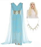 Daenerys Targaryen Cosplay Queen Dragon Costume Dress Robe Belt Necklace with Wig for Halloween Uniform Blue (Blue 1 + Wig, Medium)