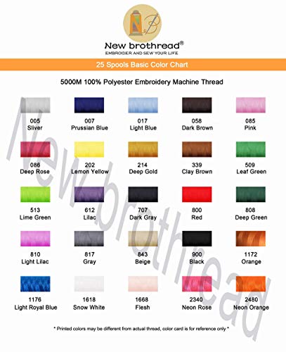 New brothread - 25 Basic Colours of Huge Spool 5000M Polyester Machine Embroidery Thread for Commercial and Domestic Embroidery Machines