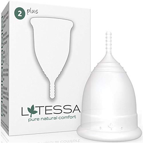 LATESSA® XL Menstruationstasse - Made in Germany - SEHR GUT getestet - farbstofffrei - bpa-frei - geruchlos - 100% medizinisches Silikon - Alternative zu Tampons & Binden - Größe plus - XL