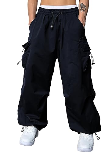 Image of JMIERR Mens Baggy Cargo Trousers Trendy Casual Parachute Pant Loose Fit Harem Joggers with Pockets for Streetwear,Navy Blue,XL