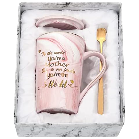 Gifts for Mum, Funny Mugs for Birthday Gifts for Mum, Coffee Mugs for Mother, Mother’s Day Gifts, 14oz Ceramic Marble Coffee Mug Tea Cup with Lid, Gold Spoon and Gift Box, Pink Cover