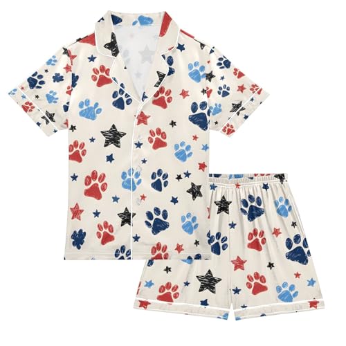 senya Paw Prints Stars S Satin Summer Pajama Sets Silk Short Sleeve Button Down Sleepwear