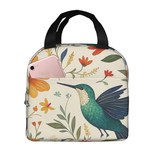 Colibrí Y Flores De Colores Bolsa Porta Alimentos Impermeable Bolsa Almuerzo Aislante Bolsas De Refrigerios Para Playa Trabajo Oficina 22X20X13Cm