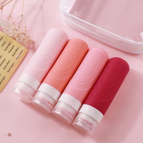 GLAMFIELDS TSA Approved Travel Bottles for Toiletries, 3oz Size Leak Proof Silicone Containers for Shampoo, Conditioner,Easy to Squeeze and Portable, Essentials for Traveling (4 Pack) Pink