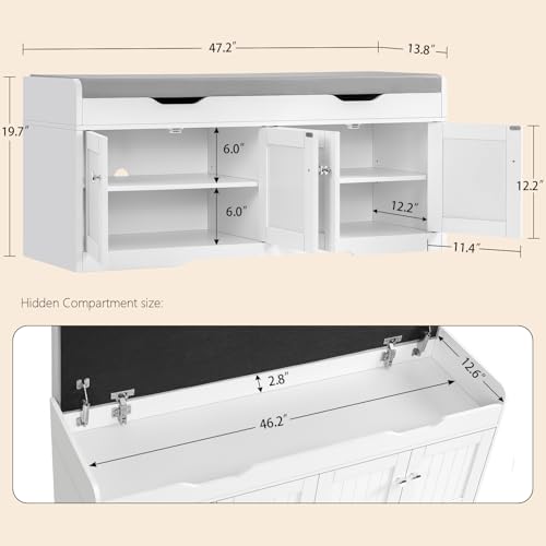 Image of 3-Tier Storage Bench, 47.2 inch Wide Shoe Bench with Lift Top Storage & 2 Adjustable Shelves, Entryway Bench with Padded Seat Cushion, Shoe Cabinet Bench for Entryway, Living Room, Bedroom (White)