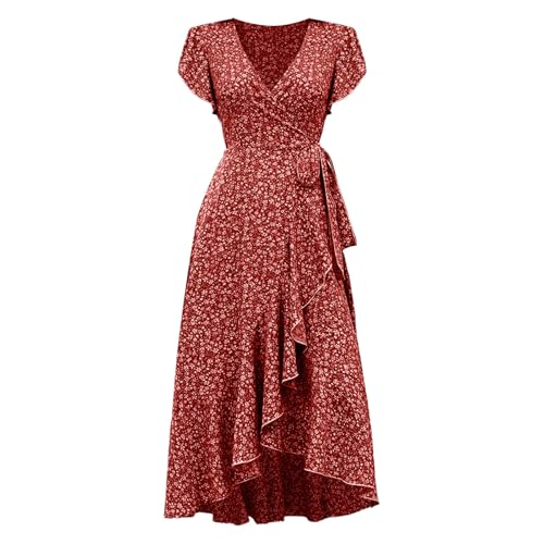 Sommerkleid Damen Lang Boho Kleid Rüschen Maxikleid Mit Gürtel Blumenkleid V-Ausschnitt Strandkleid Blumendruck Bohokleid Hohe Taille Tunikakleid...